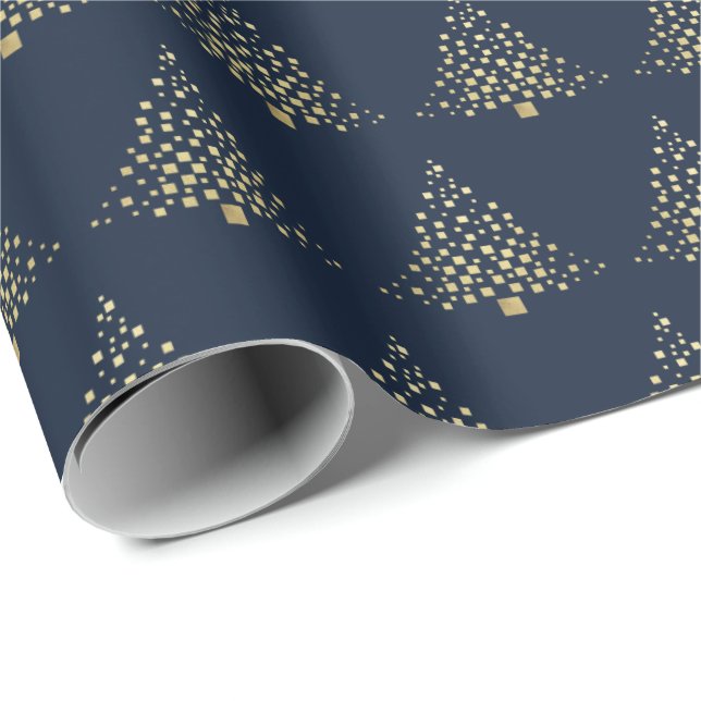 Festive Gold Weihnachtsbaumen Navy Blue Geschenkpapier (Rolleneckpunkt)