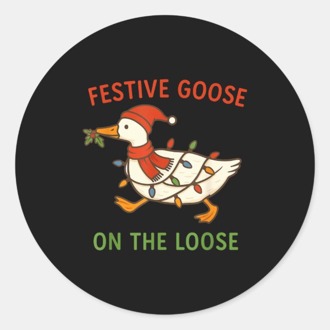 Festive Goose On The Loose Christmas, Funny Christ Runder Aufkleber (Vorderseite)