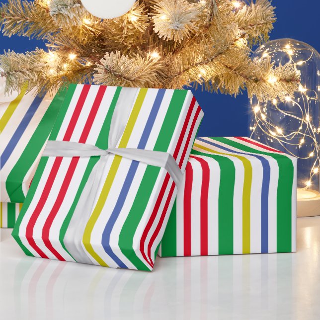 Festive Green Red Gold Blue Vertical Stripes Geschenkpapier (Feiertage)