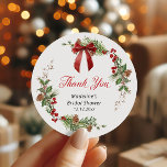 Festive Greenery Christmas Bridal Shower  Runder Aufkleber<br><div class="desc">This Red Bow Greenery Thank You Sticker combines graceful watercolor foliage with a vibrant red bow — ideal for winter weddings or Christmas bridal showers. A timeless,  romantic accent for candles,  boxes,  and party favors.</div>