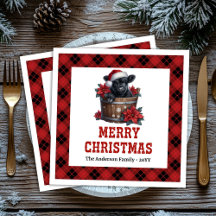 Festive highland cow red black tartan napkins