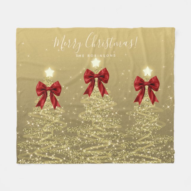 Festive Holiday Gold Christmas Trees w/ Red Bows Fleecedecke (Vorderseite (Horizontal))