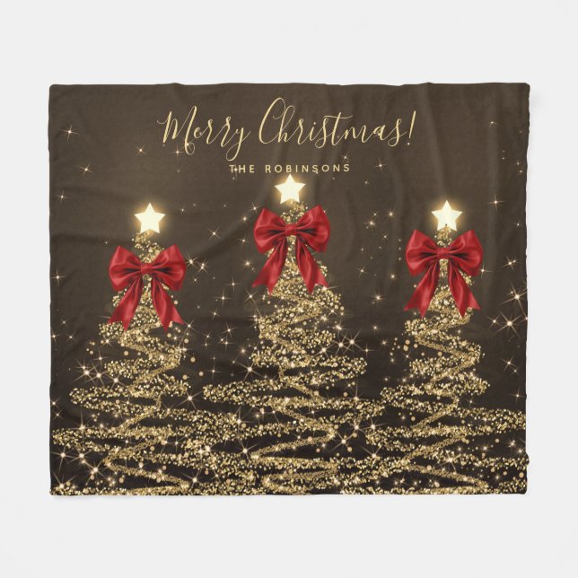Festive Holiday Gold Christmas Trees w/ Red Bows Fleecedecke (Vorderseite (Horizontal))
