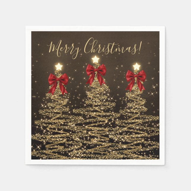 Festive Holiday Gold Christmas Trees w/ Red Bows Serviette (Vorderseite)