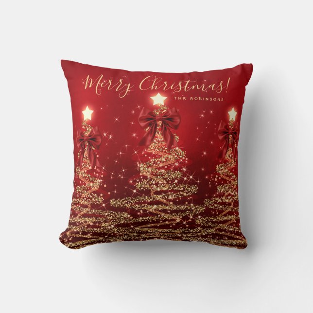 Festive Holiday Gold Red Christmas Trees w/ Name Kissen (Vorderseite)