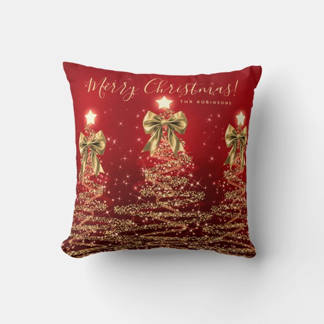 Festive Holiday Gold Red Christmas Trees w/ Name Kissen (Vorderseite)