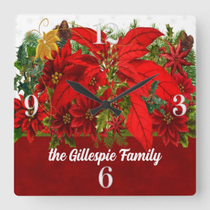 Festive Holiday Poinsettias with White Numbers Quadratische Wanduhr