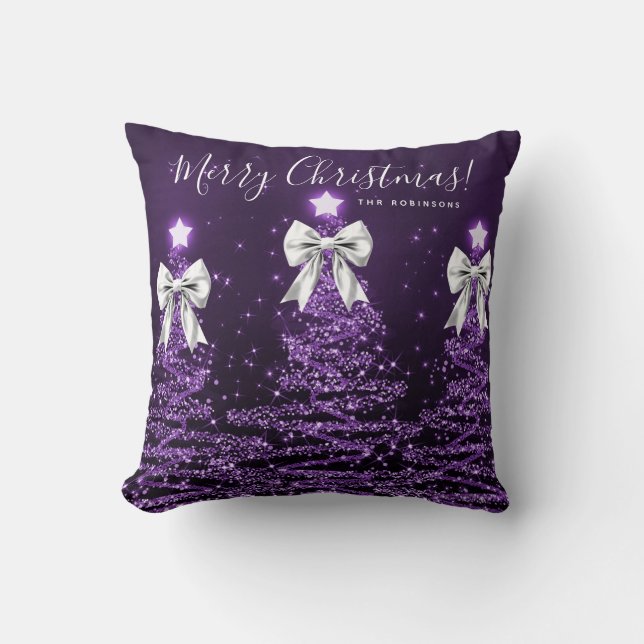 Festive Holiday Purple Christmas Trees Name Silver Kissen (Vorderseite)