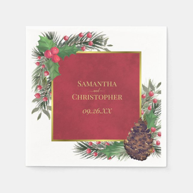 Festive Holly Berries & Pine Holiday Wedding Serviette (Vorderseite)