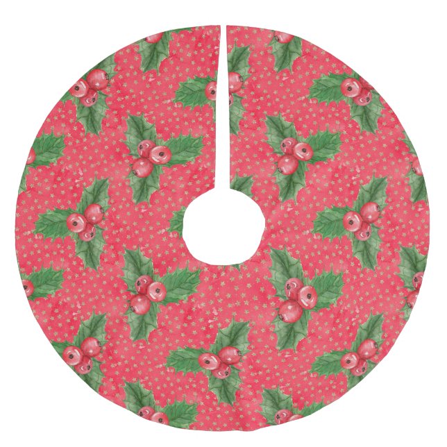 Festive Holly Berries Polyester Weihnachtsbaumdecke (Vorderseite)