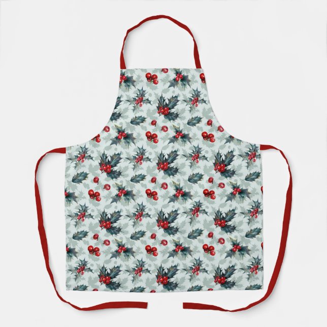 Festive Holly Berry Noël All-Over Imprimer Tablier (Recto)