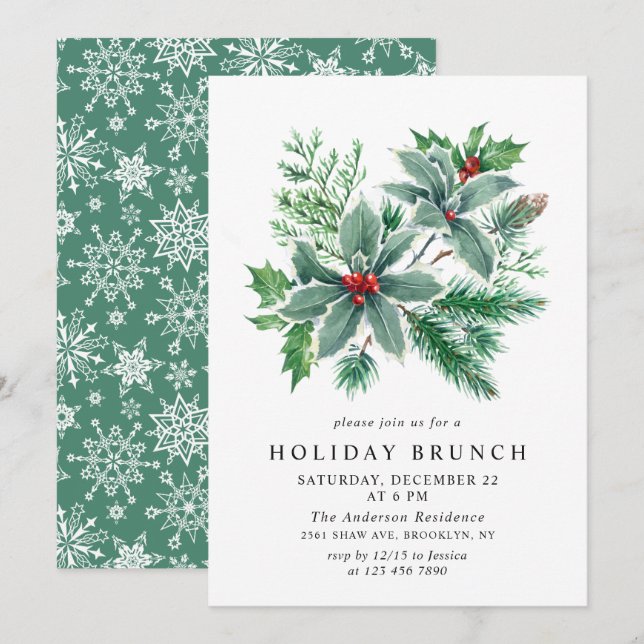 Festive Holly Berry Weihnachtsfeiertage BRUNCH Einladung (Vorne/Hinten)