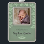 Festive Holly | My First Christmas Photo Rahmen-Ornament Silber<br><div class="desc">This sweet first Christmas ornament for the newborn in your family features a square photo frame and is accented with holly leaves. The background is a muted green color with charcoal gray text for name and year. Give this beautiful keepsake ornament as a Christmas gift.</div>