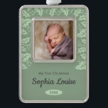 Festive Holly | My First Christmas Photo Rahmen-Ornament Silber<br><div class="desc">This sweet first Christmas ornament for the newborn in your family features a square photo frame and is accented with holly leaves. The background is a muted green color with charcoal gray text for name and year. Give this beautiful keepsake ornament as a Christmas gift.</div>