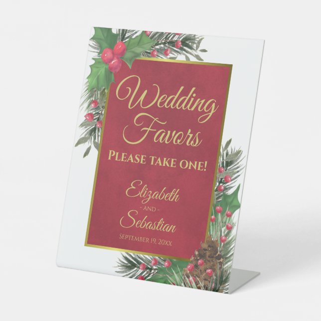 Festive Holly & Pine Christmas Wedding Favors Sign Sockelschild (Vorderseite)