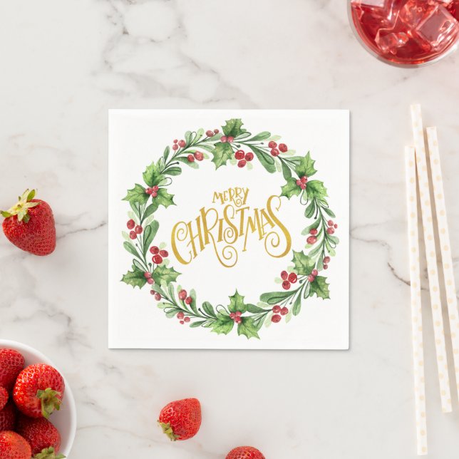 Festive Holly Wreath - Gold Foil Frohe Weihnachten Serviette (Beispiel)