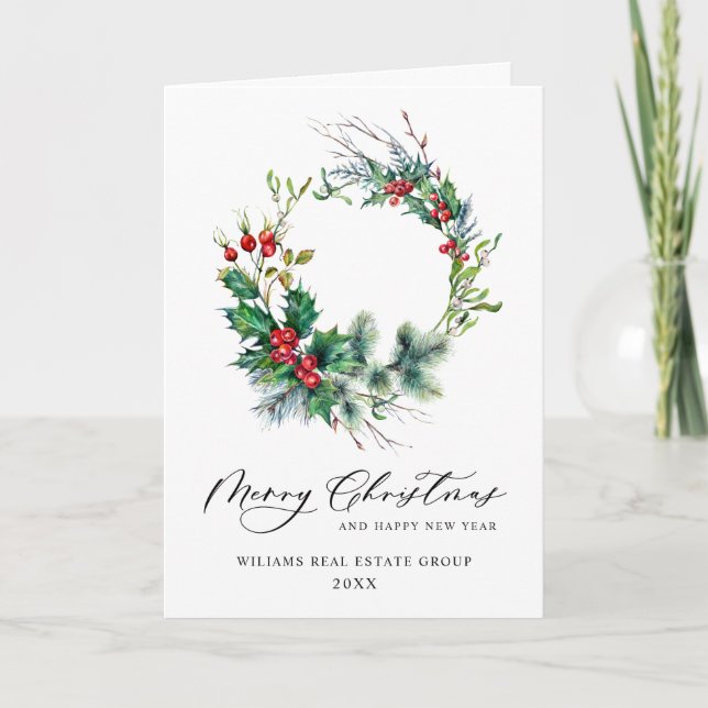 Festive Holly Wreath Weihnachtsgrüßen Feiertagskarte (Vorderseite)