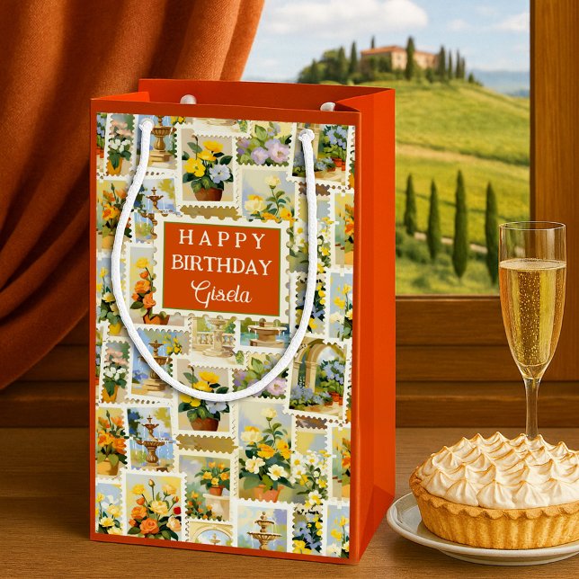 Festive Italian Pattern Small  Kleine Geschenktüte (Small gift bag featuring a whimsical illustration of flowers and fountains in Italian style)