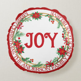 Festive Joy Gold Red Green Blätter Weihnachtsfeier Rundes Kissen