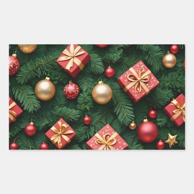 "Festive Joy — Red & Gold Christmas Magic" Rechteckiger Aufkleber (Vorderseite)