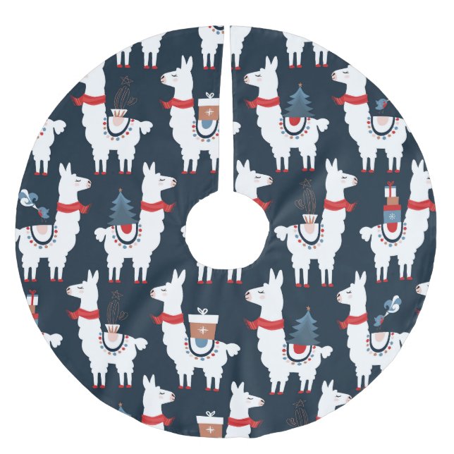Festive Llamas: Weihnachts-Muster-Delight Polyester Weihnachtsbaumdecke (Vorderseite)