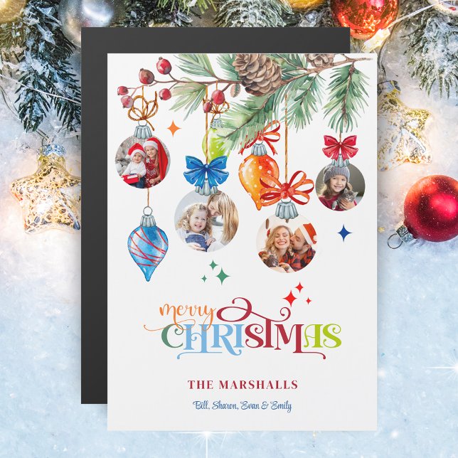 Festive Merry Christmas Pine & Baubles 4 Photo Magnetkarte (Von Creator hochgeladen)