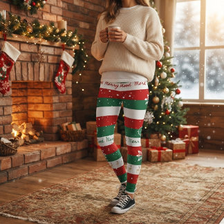 Festive Merry Mood Christmas, Red, Green & White Leggings