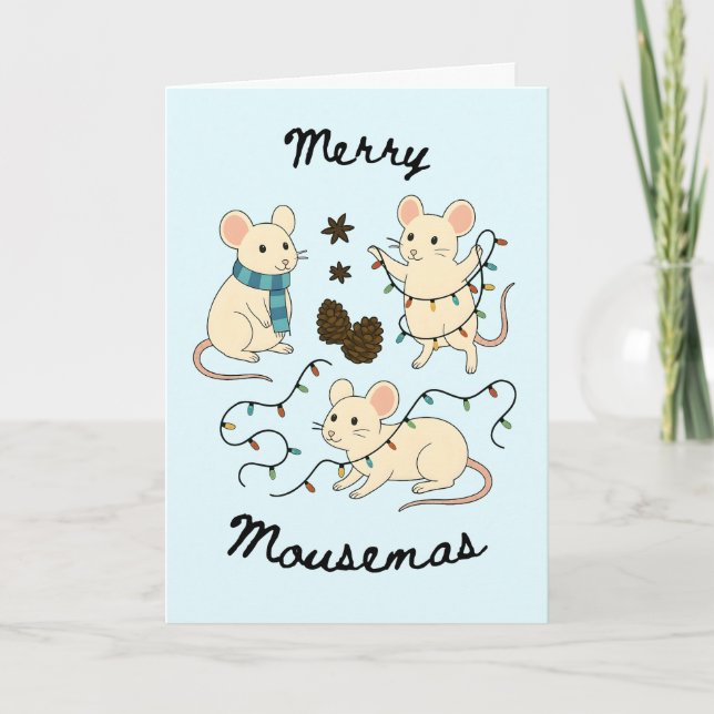 Festive Mice with Fairy Lights – Christmas Card Karte (Vorderseite)