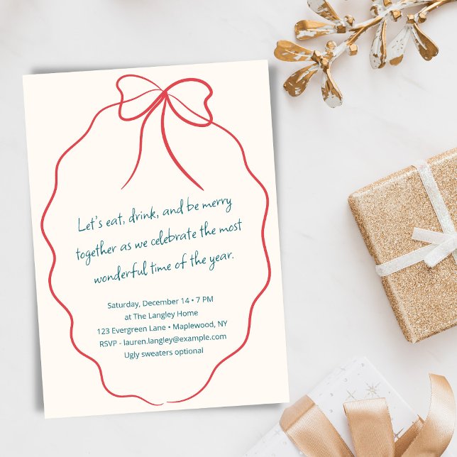 Festive Modern Red Ribbon Christmas Holiday Party Einladung (Von Creator hochgeladen)
