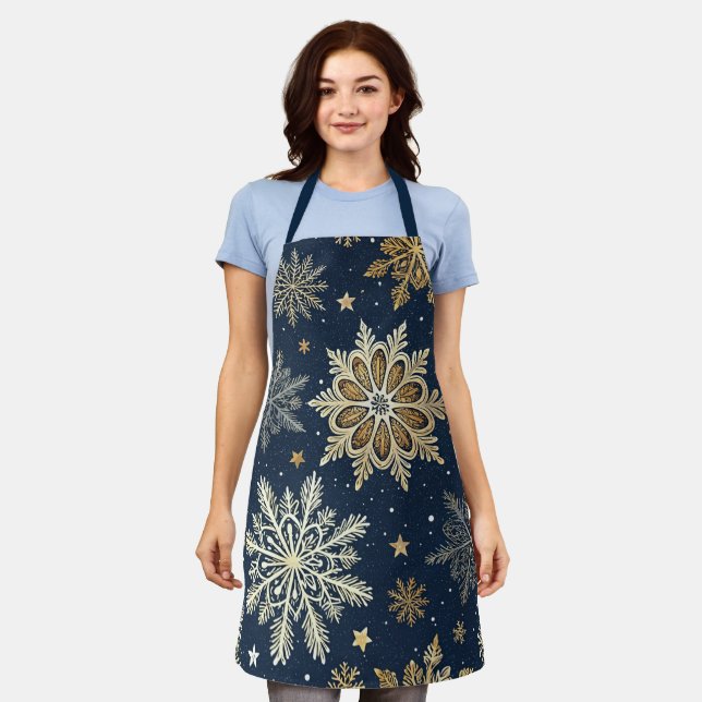 Festive Navy Blue & Gold Snowflake Pattern  Schürze (Getragen)