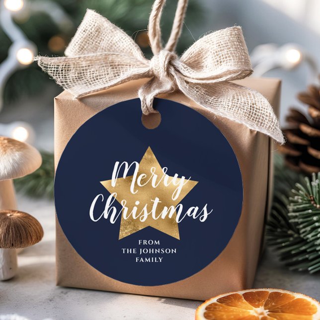 Festive Navy Blue Star Frohe Weihnachten Geschenkanhänger (Festive Navy Blue Star Merry Christmas Favor Tags)