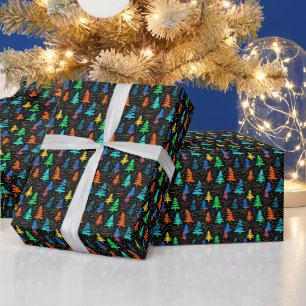 Festive Neon Black Blue Weihnachtsbaumen Muster Geschenkpapier