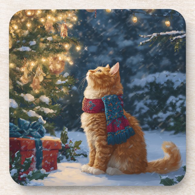 Festive Orange Cat Hard Plastic Coaster Set Getränkeuntersetzer (Vorderseite)