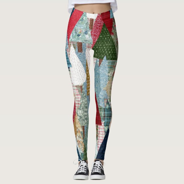 Festive Patchwork Christmas Tree Pattern Leggings (Vorderseite)