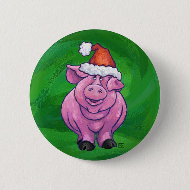 Festive Pig in Santa Hat on Green Button (Vorderseite)