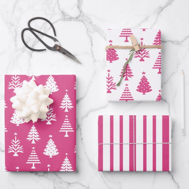 Festive Pink and White Christmas Tree Pattern Geschenkpapier Set (Vorderseite)