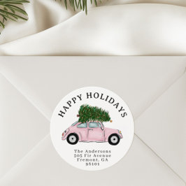 Festive Pink Car Christmas Tree Return Address Runder Aufkleber
