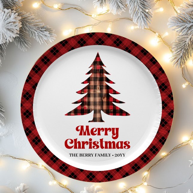 Festive Plaid Christmas Tree Custom Name Paper  Pappteller (Festive Plaid Christmas Tree Custom Name Paper Plates)