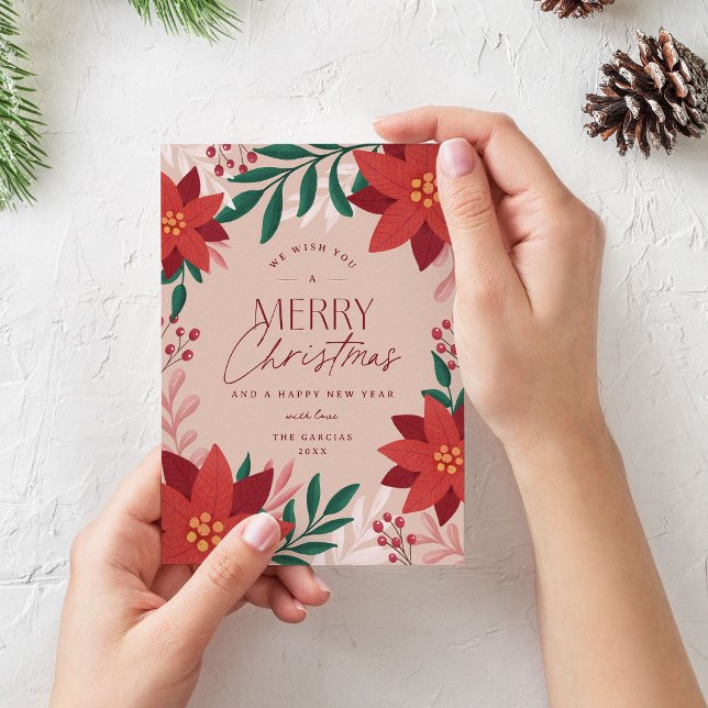 Festive Poinsettia Flowers Christmas  Feiertagskarte (elegant and classy christmas card with poinsettia flowers)