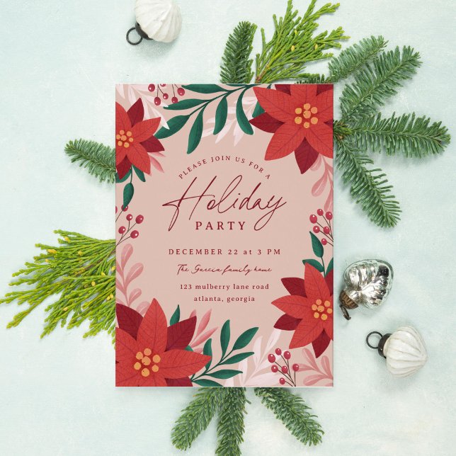 Festive Poinsettia Flowers Holiday Party Einladung (beige holiday party invitation with elegant botanicals and foliage)