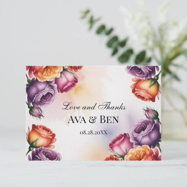 Festive Purple Orange and Red Roses Wedding Dankeskarte (Stehend Vorderseite)