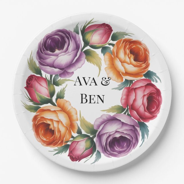 Festive Purple Orange and Red Roses Wedding Pappteller (Vorderseite)