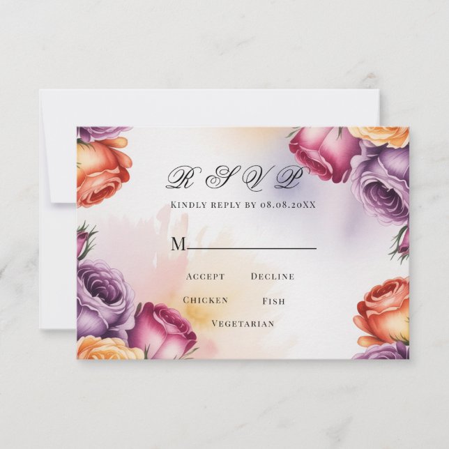 Festive Purple Orange and Red Roses Wedding RSVP Karte (Vorderseite)