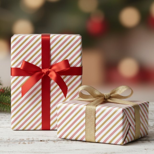 Festive Red and Gold Christmas Candy Cane Stripes  Geschenkpapier ( Modern Elegant Red and Gold Chic Christmas Wrapping Paper. Trendy Candy Cane Striped Xmas Pattern)
