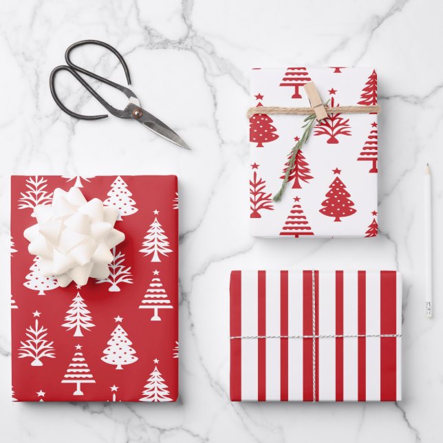 Festive Red and White Christmas Tree Pattern Geschenkpapier Set (Vorderseite)