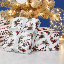 Festive Red Berries Happy New Year Pattern Geschenkpapier