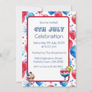 Festive Red Blue Balloons 4th July Invitation Card Einladung