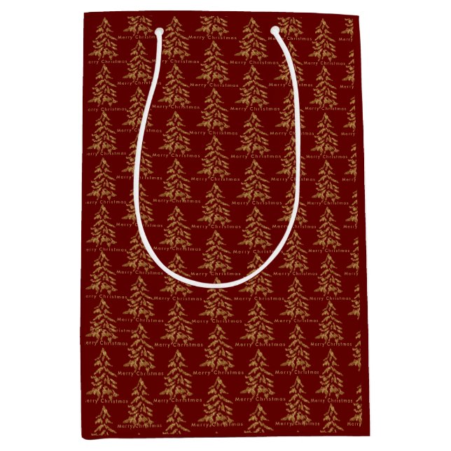 Festive Red Burgundy Gold Trees Frohe Weihnachten Mittlere Geschenktüte (Vorderseite)