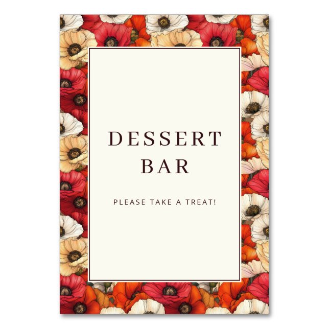 Festive Red Floral Dessert Bar Sign Tischnummer (Vorderseite)