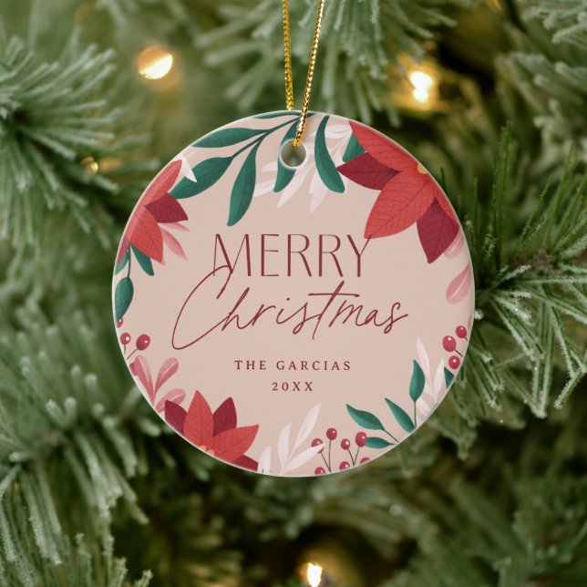 Festive Red Flowers Merry Christmas Gift Keramik Ornament (Baum)